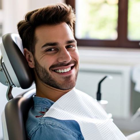 Handsome, smiling male dental patient in treatment chair