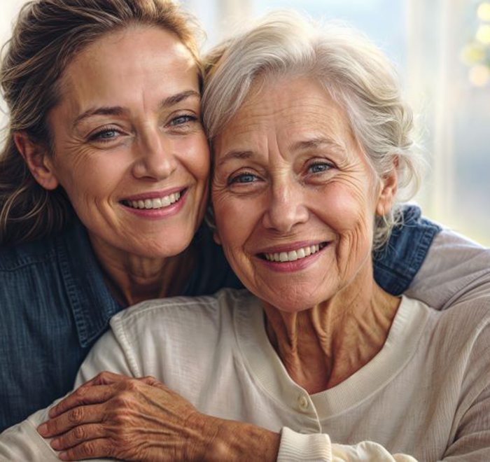 Portrait of smiling senior woman and her middle-aged daughter
